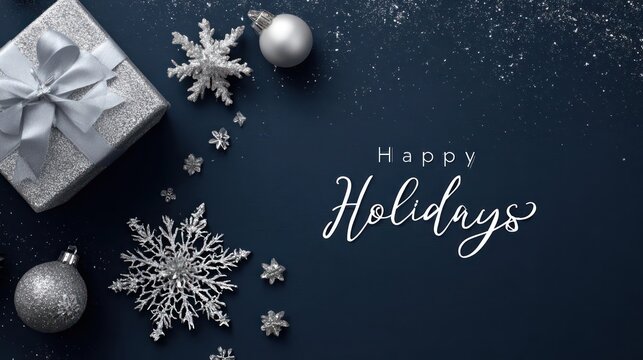 Elegant silver gift box with shimmering snowflakes and ornaments on a dark blue background for happy holidays - Powered by Adobe