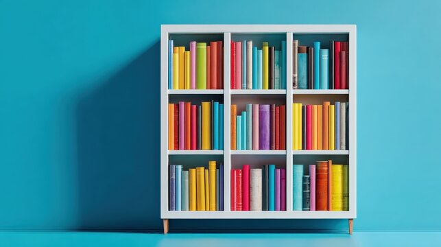 A vibrant bookshelf filled with colorful books against a bright blue wall, creating a cheerful and inviting atmosphere.