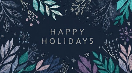 Elegant dark blue background with delicate botanical floral branches and happy holidays text
