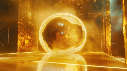 Golden glowing sphere in futuristic digital environment
