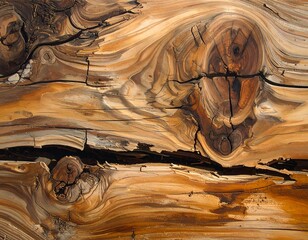Close-up view of wood grain and gnarls with deep cracks forming rustic patterns