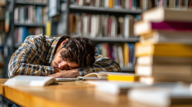 Male student sleeping on books in library - Powered by Adobe
