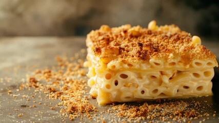 Slice of baked macaroni and cheese with golden breadcrumb crust