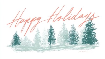 Whimsical hand drawn happy holidays greeting with softly colored pine trees and snowy landscape