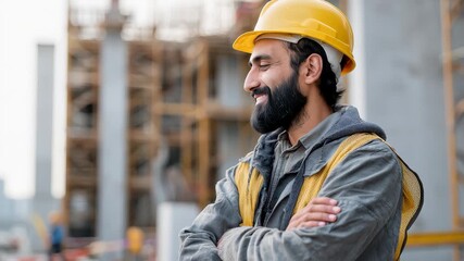 Construction site manager overseeing project with confidence at urban construction site during daylight