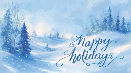 Beautiful watercolor painting of a serene snow covered winter forest landscape with a bright sun and happy holidays text