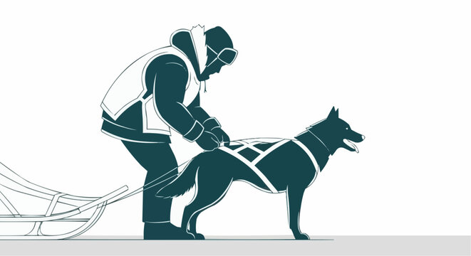 Dog sledder preparing harness for sled dog on snowy terrain  