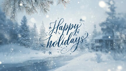 Whimsical happy holidays greeting with elegant calligraphy set against a snowy winter forest landscape