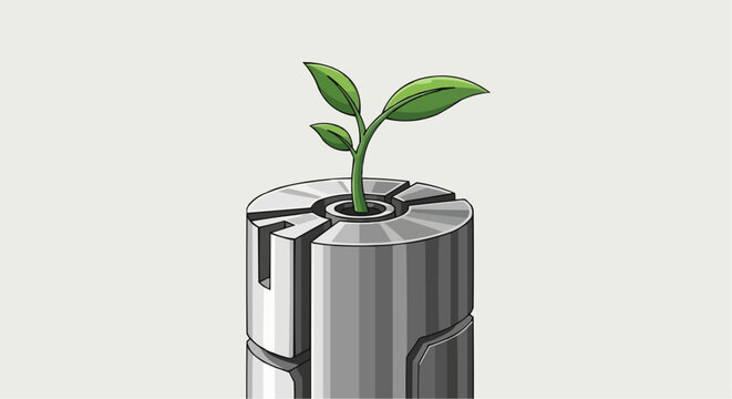 Plant growing from metallic cylinder in minimalist style  