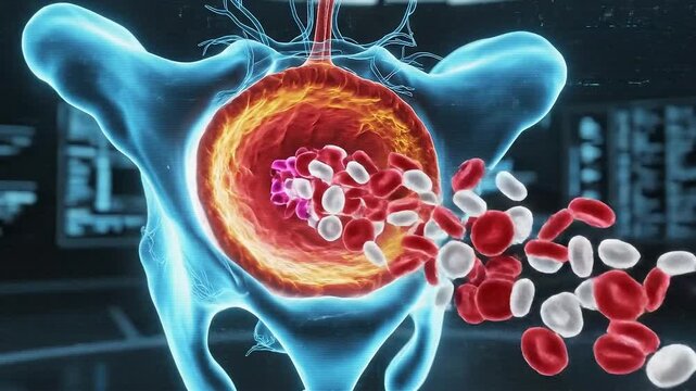 Animated 3D Medical Visualization of Lumbar Spine Biomechanics Showing Vertebrae Intervertebral Discs and Facet Joints with Blood Cells Flowing in a Clinical Interface