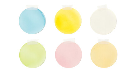 Six round watercolor stickers in pastel colors with tape