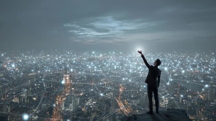 Business man overlooking a futuristic city, surrounded by a vast network of glowing connections and digital interfaces at dusk - Powered by Adobe