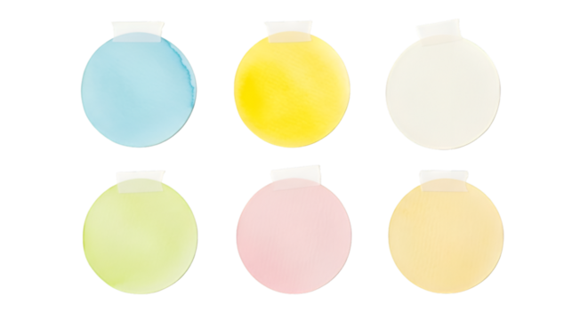 Six round watercolor stickers in pastel colors with tape