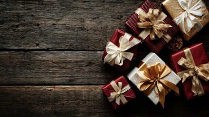 Festive holiday gift boxes with luxurious golden and cream ribbons arranged on a rustic wooden surface