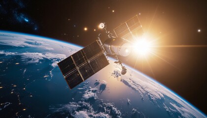 Orbiting Earth Satellite: A modern satellite, bathed in the radiant glow of the sun, orbits the majestic Earth. Capturing the essence of exploration and global connection.
