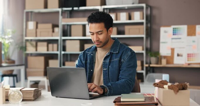 Man, laptop and typing with stock for dropshipping, checklist or delivery schedule at startup. Person, computer and career with logistics, boxes or notes for inventory management at storage warehouse