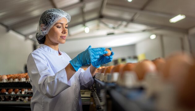 Egg sorting: A worker in protective gear carefully examines eggs, meticulously ensuring quality control within a food processing facility. A glimpse into the importance of food safety and hygiene.