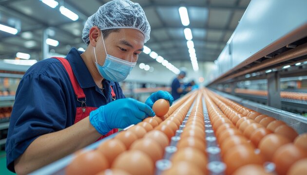 Egg Factory Worker: An individual meticulously inspects eggs within a bustling factory setting, showcasing the intricacies of industrial processes and stringent quality control. - Powered by Adobe