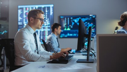 Focused Professionals at Work: Capturing the concentrated atmosphere of a modern office environment, featuring skilled individuals engrossed in data analysis and technical tasks.
