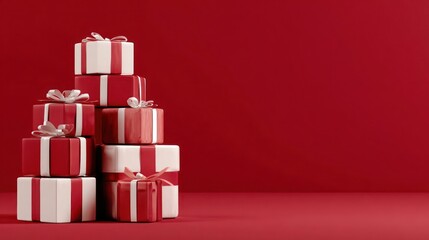 Stack of festive red and white striped gift boxes with ribbons piled high on a red background