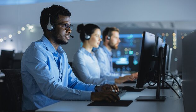 Focused Support: A team of skilled technicians diligently working at their workstations in a modern office, their concentration illuminating the dedication and commitment.