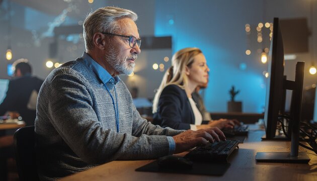 Focused Professional at Work: A seasoned professional, eyes glued to a computer screen, exemplifies dedication and expertise in a modern office environment. 