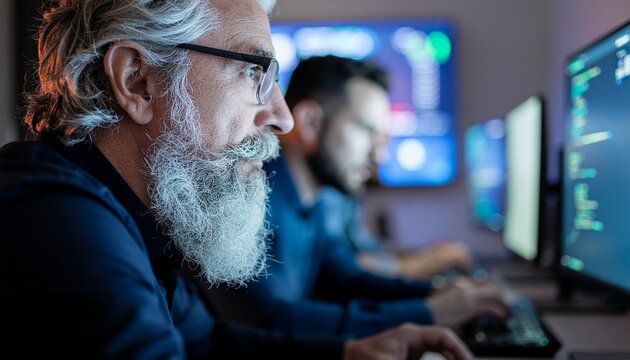 Tech Team at Work: A seasoned professional, eyes fixed on the display, intensely focused in a technology-driven environment, accompanied by a younger colleague in the background.