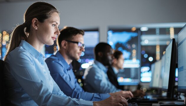 Cybersecurity Specialists at Work: A team of dedicated cybersecurity specialists are immersed in their work, monitoring screens in a dimly lit control room.