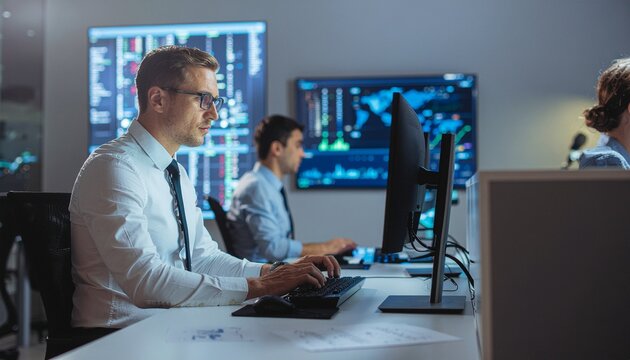 Focused Professionals at Work: Capturing the concentrated atmosphere of a modern office environment, featuring skilled individuals engrossed in data analysis and technical tasks.