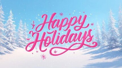 Festive happy holidays greeting in vibrant pink calligraphy set against a serene winter wonderland landscape with snow covered trees
