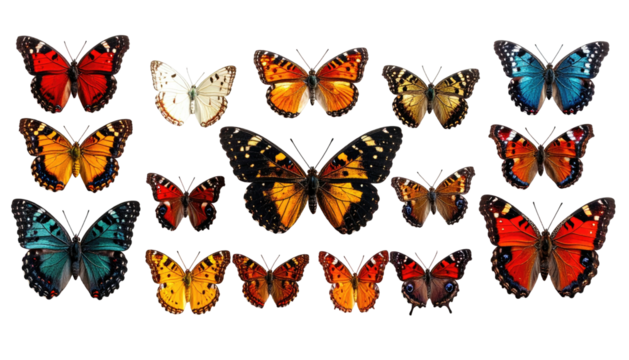 Many colorful butterflies spread wings against a black background