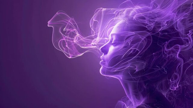 Woman with flowing abstract purple patterns on face in futuristic art