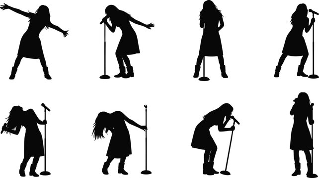 Female singer silhouettes performing various dynamic stage poses, microphone stand illustration, expressive music performance artwork, energetic concert collection