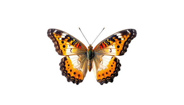 Butterfly with wings spread, symmetrical pattern, dark backdrop