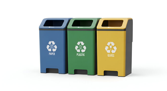 Three Recycling Bins for Paper Plastic and Glass trash cans