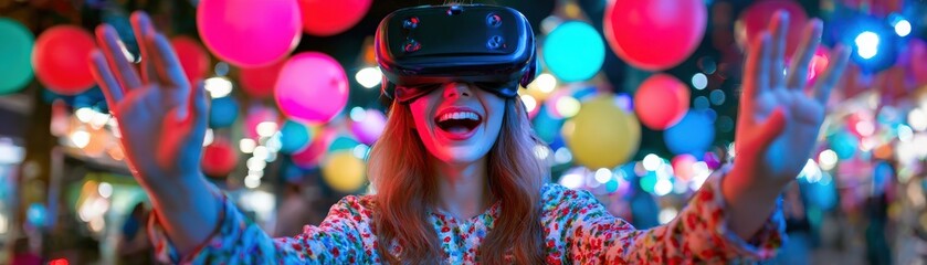 A joyful woman wearing a VR headset, surrounded by vibrant colorful lights, experiencing virtual reality in a festive atmosphere.