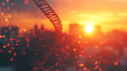 Dna helix rotating over blurring city skyline