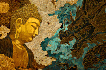 Spiritual art illustration of Buddha face and dragon symbolizing Eastern philosophy