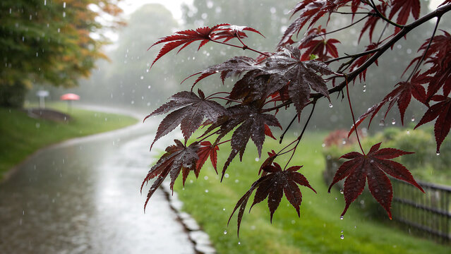 Close-up of vibrant red Japanese maple leaves covered in fresh raindrops, with a blurred wet garden path and green foliage in the background during a gentle rain shower