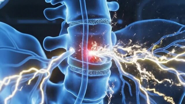Detailed 3D Medical Animation Depicting Lumbar Spine Health Showing Vertebrae Discs and Nerve Roots with Red Highlight on Spinal Compression Occurring in a Blue Clinical