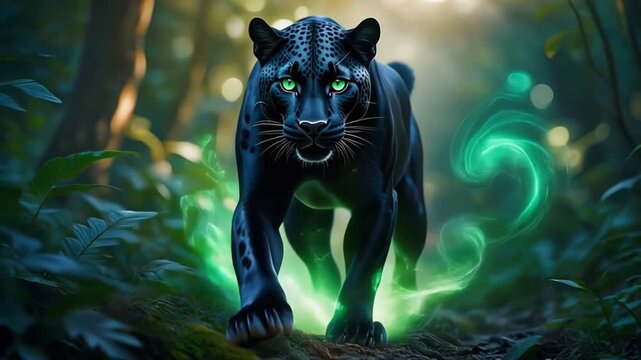 Mystical Black Panther Prowls Through Enchanted Forest with Glowing Paws