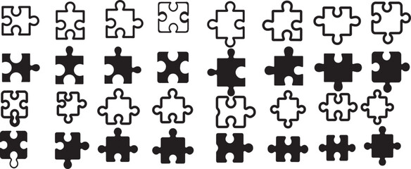 Naklejka premium Puzzle Element Silhouette and Outline Icons” Black and White Puzzle Piece Icon Collection”