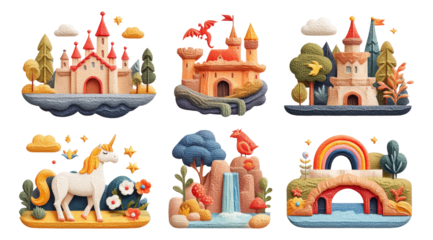 Magical Kingdom Landscapes with Paper Cut Illustrations on Transparent Backgrounds