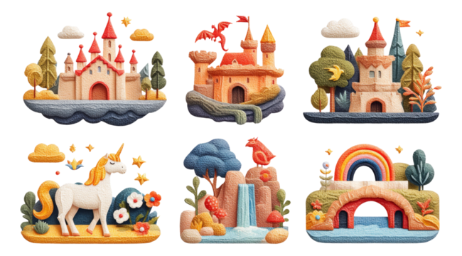 Magical Kingdom Landscapes with Paper Cut Illustrations on Transparent Backgrounds