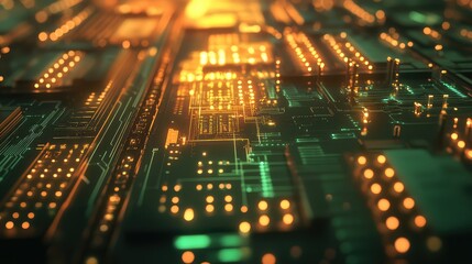 Digital circuit board processing data with glowing connections