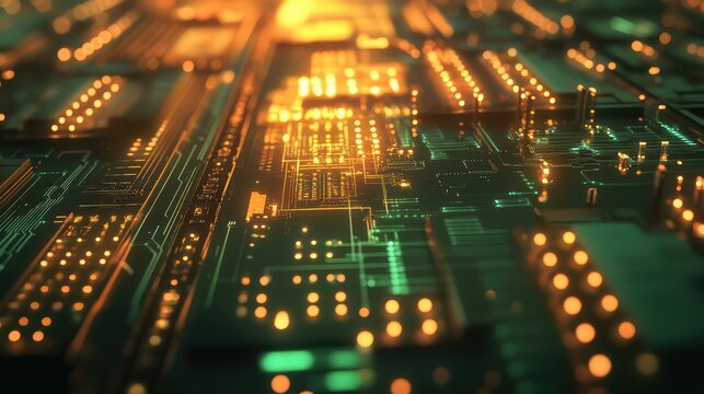 Digital circuit board processing data with glowing connections