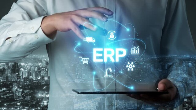 ERP platform visual showing centralized system for enterprise resource planning, improving integration, data flow, business efficiency, finance, inventory, and human resources. Muxer