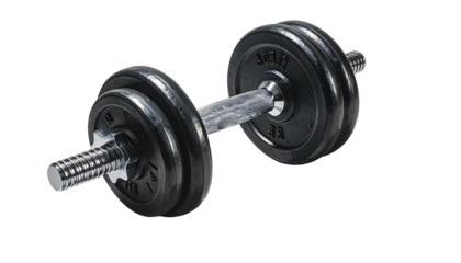 Adjustable dumbbell with iron weights against a dark background