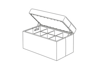 Line drawing of an open storage ottoman with internal dividers