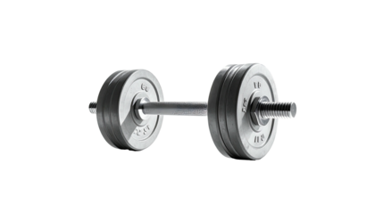 Silver dumbbell with metal plates, centered on a black background